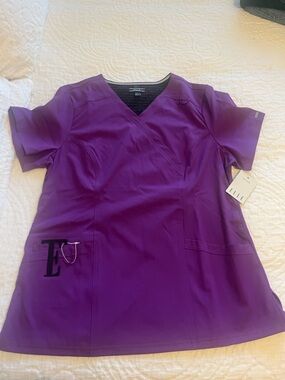 Elle Purple V-Neck Scrub Top with Script Lining